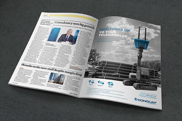 Open magazine with Conquip article as a double page spread