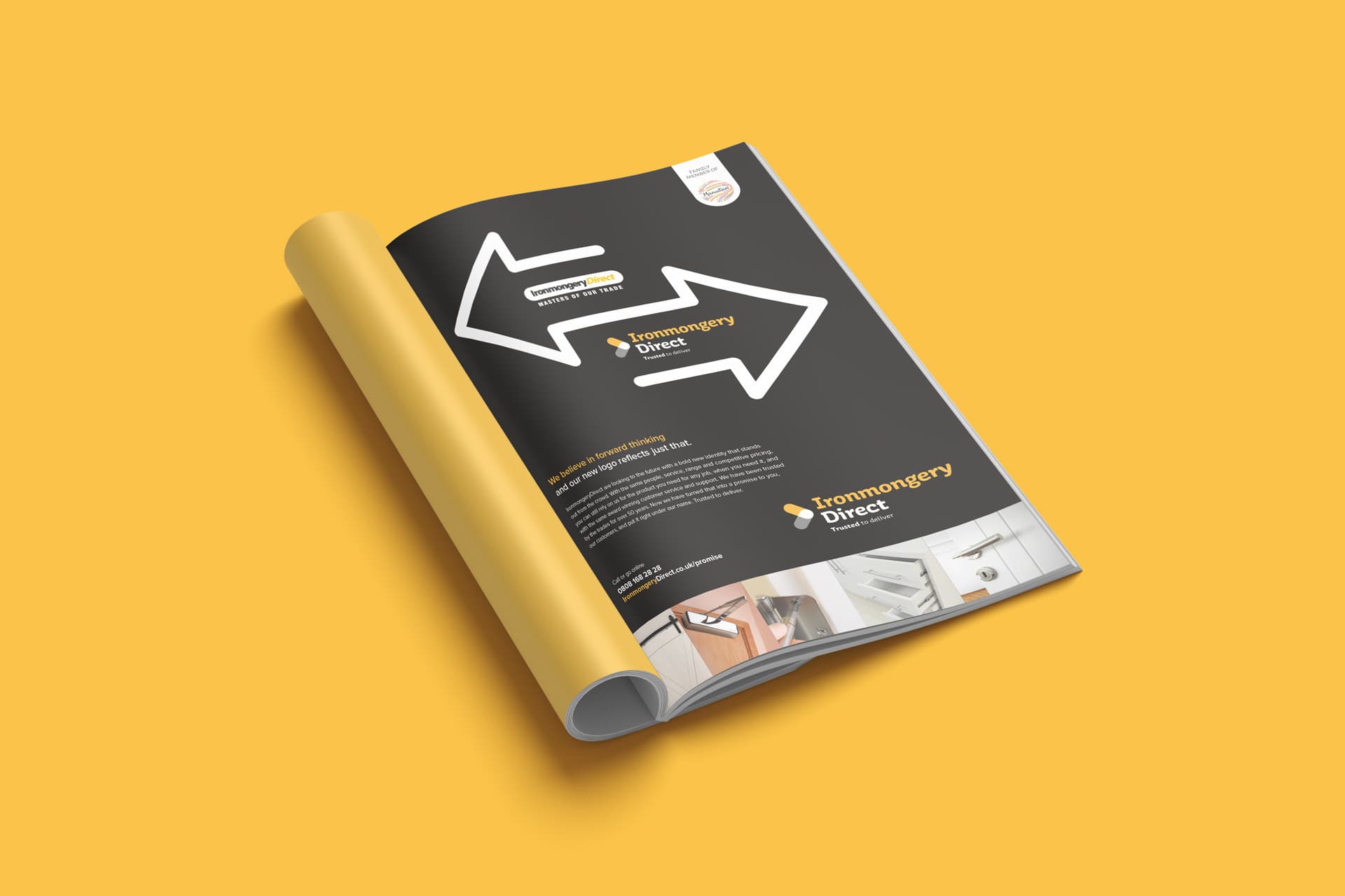 Image of a magazine advert showing the new and old branding for Ironmongery Direct