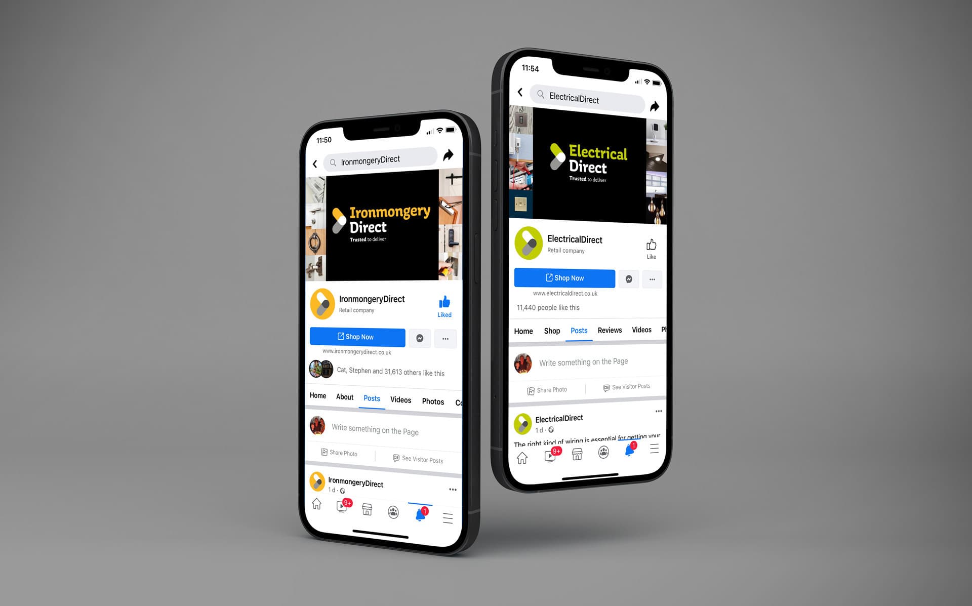 Two side by side mobile phones showing Ironmongery direct facebook accounts