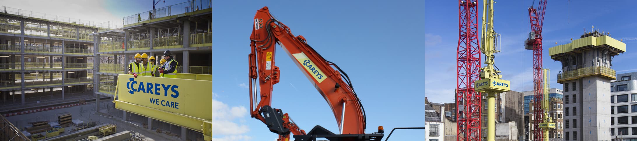 Three images of construction sites with Carey branding