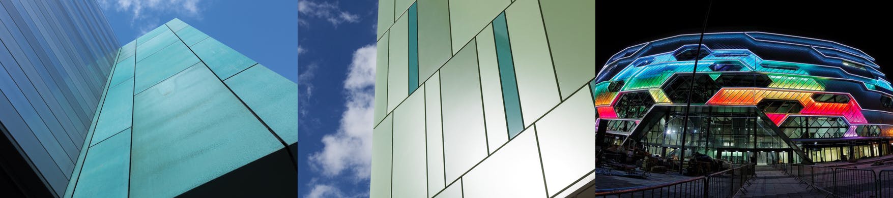 Three images of building with outside cladding